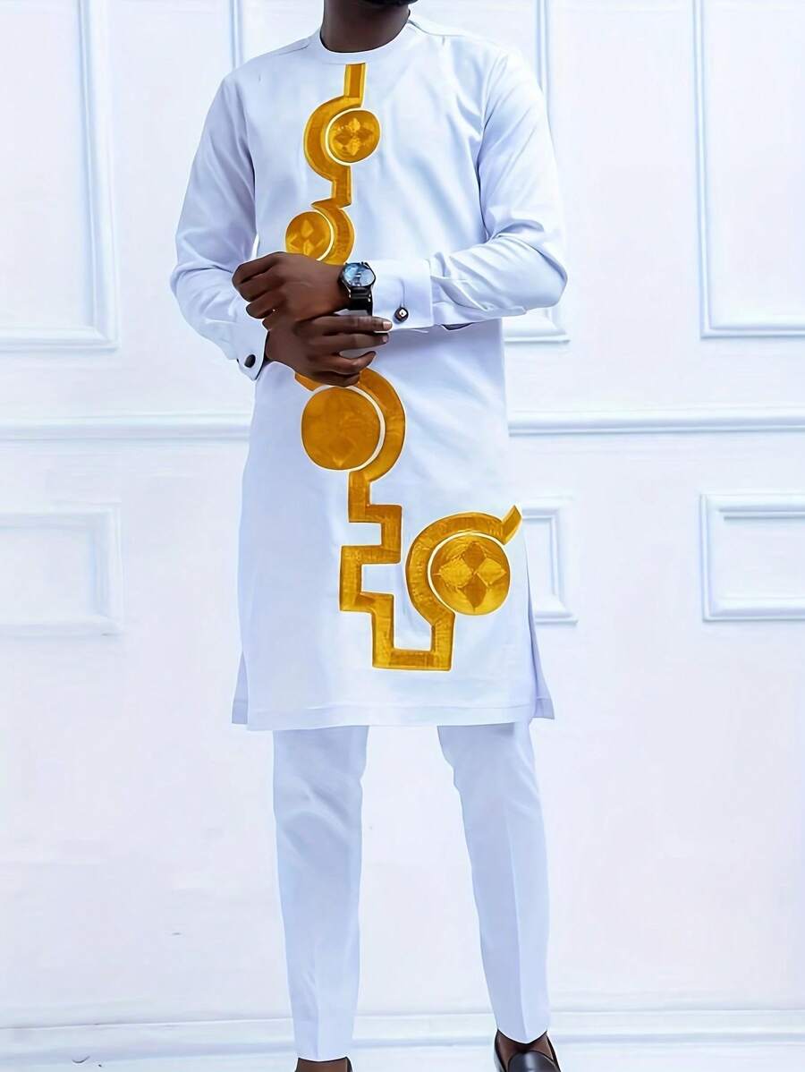 Men's Geometric Print Long Sleeve Robe And Pants Set, Arabic Style - White - View 1