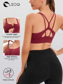LEOQ Áo ngực thể thao nữ có khóa kéo, đệm có thể tháo rời, dây đeo chéo - Màu Đỏ Sâu - Xem 1