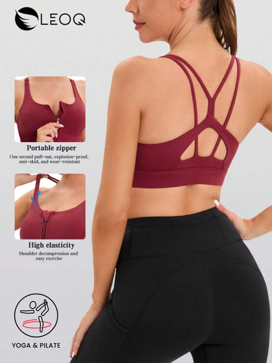 LEOQ Áo ngực thể thao nữ có khóa kéo, đệm có thể tháo rời, dây đeo chéo - Màu Đỏ Sâu - Xem 1
