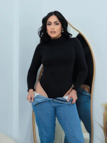 Women's Basic Second Skin Leotard Bodysuit High Neck Long Sleeve Fashion Blogger - màu đen - Xem 2