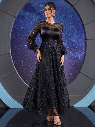 Women's Jacquard Net Patchwork Formal Evening Dress (Heavy Embroidered Style), Black Elegant Long Sleeve Prom Dress, For Wedding Guest, Graduation, Dinner