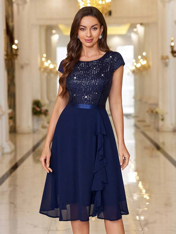 MIUSOL Sequin Lace Ruffle Trim Chiffon Cocktail Party Swing Dress