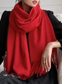 1 pieza Bufanda de mujer de un solo color de cachemir falso, cálida envuelta decorada con borlas, de longitud media para Navidad invierno
