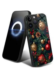 1 pieza Funda de teléfono de vidrio de alta definición con diseño de árbol de Navidad y campana compatible con Apple iPhone 16 Pro Max/16 Pro/16 Plus/16 y Galaxy A55/A54/S24/S24 Plus/S24 Ultra/S24 FE