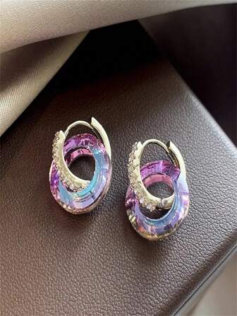 1 Pair Fashionable Women Metal & Crystal Acrylic Dangle/Hoop Earrings, Suitable For Daily Wear
