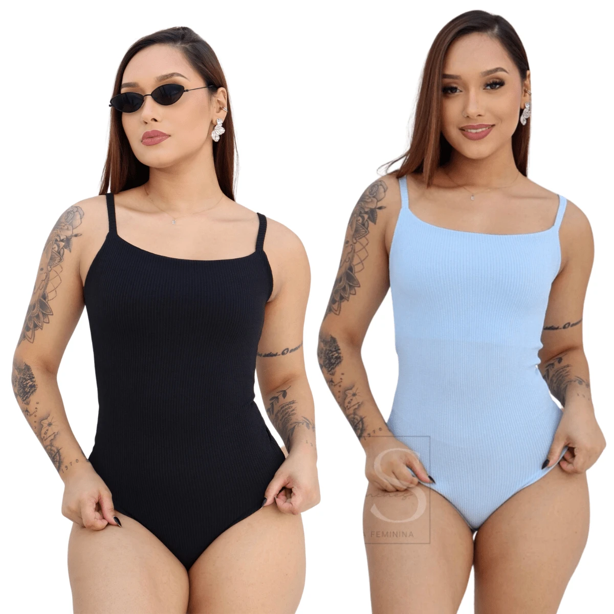 KIT 2 Body Feminino Alcinha Anarruga Alça Fina Canelado Premium - PRETO E AZUL BEBÊ - Visão 1