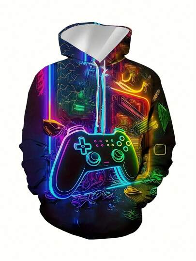 3D Digital Print Men Streetwear Hoodie, Pocket, Cyberpunk Game Controller Design, Athletic Casual Pullover For Outdoor, Ideal Gift, For Fall, Long Sleeve Top
