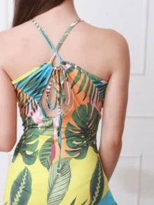 Evas Summer Printed Mesh Dress With Straps - Yellow - View 2