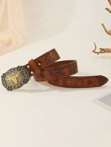 1 件通用时尚牛头扣仿皮压花西部牛仔风格休闲牛仔裤腰带 - 橘色 - 查看 3