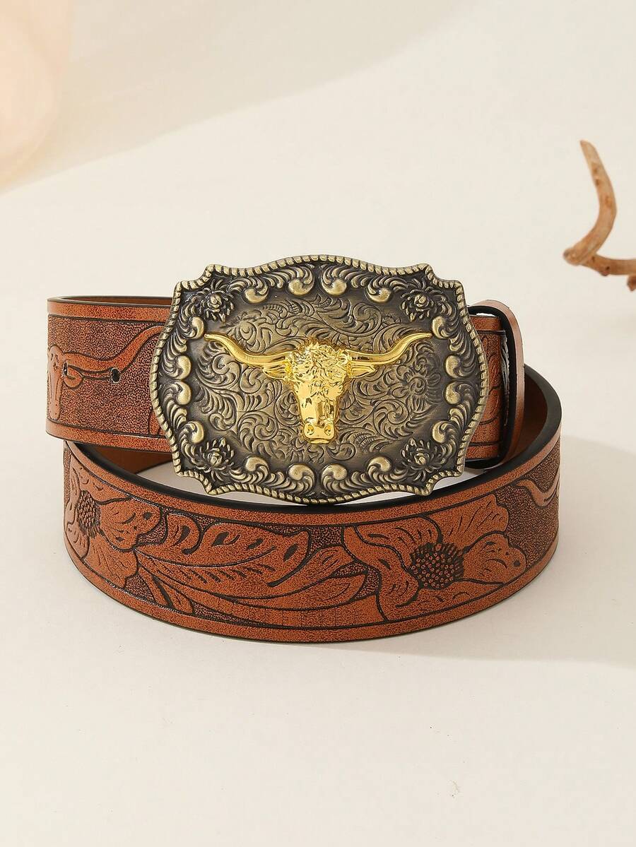 1 件通用时尚牛头扣仿皮压花西部牛仔风格休闲牛仔裤腰带 - 橘色 - 查看 1