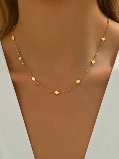 LIEBEIRIS 1pc 18K Gold Plated Stainless Steel 8-Pointed Star Necklace For Women, Suitable For Daily Matching And Gift Giving (Bead Quantity Random Cutting, Handmade Trimming)