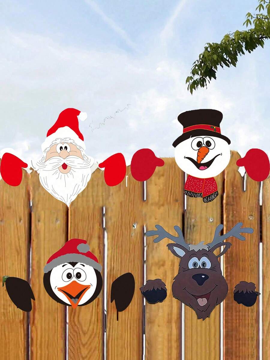 1 pieza Decoración de valla con Papá Noel y renos asomándose, decoración creativa DIY para valla navideña, Navidad