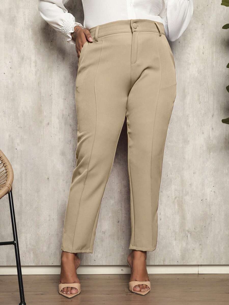 Plus Size Tailored Pants With High Waist Straight Waistband Women's Fashion - 米色 - 查看 1