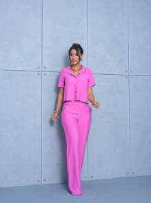 Women's Set Of Shirt And Straight Tailored Viscose Pants With Pockets, Collar, Buttons, Chic Premium Basic - 粉色 - 查看 1