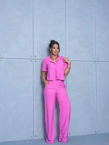 Women's Set Of Shirt And Straight Tailored Viscose Pants With Pockets, Collar, Buttons, Chic Premium Basic - 粉色 - 查看 3