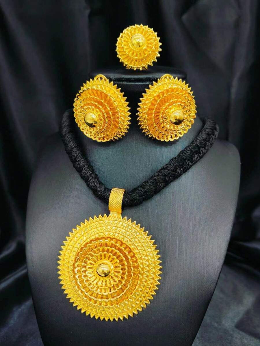 3 件女士时尚黑绳镀金吊坠首饰套装:项链、耳环、手链、戒指,适合沙特阿拉伯、美国、德国、非洲、婚礼、派对、约会、母亲节、节日礼物 - 金黃色 - 查看 1
