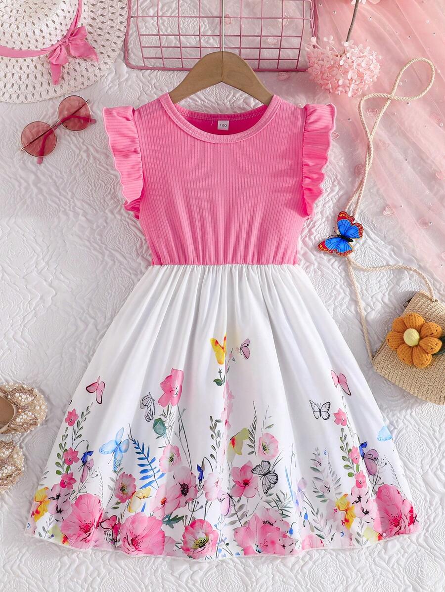 Váy suông tay lỡ in hoa thanh lịch mùa hè cho bé gái tuổi mới lớn - Hồng - Xem 1