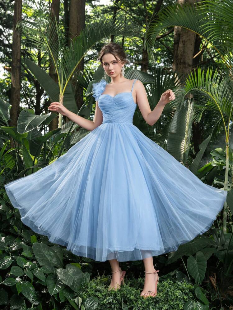 Vestido de baile de regreso a clases elegante con busto fruncido de tul, perfecto para bailes, reuniones y eventos de cóctel, vestido semiformal para fiesta de cumpleaños, boda, graduación - Azul - Añade 3