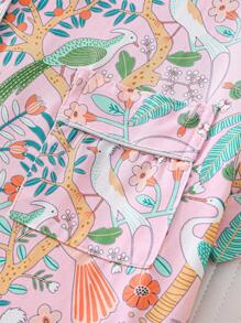 2pcs Women Floral & Bird Print Pajama Set, Short Sleeve Shirt With Lapel Button And Loose Elastic Waist Shorts, Festive Party Sleepwear, Contrast Trim Stylish, Comfortable Casual Homewear,Two Pieces Set