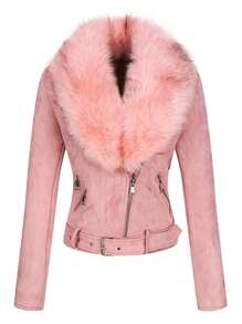 Women Faux Leather Suede Jacket Moto Biker Coat Sherpa-Lined Overcoat With Removable Belt