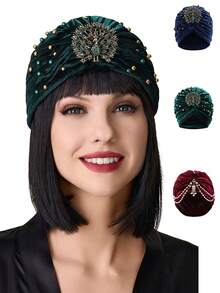 1 pieza Sombrero turbante con pedrería de pavo real, estilo vintage de los años 20 Gatsby, gorro turbante plisado de punto para mujer, gorro para dormir - Multicolor - Ver 1