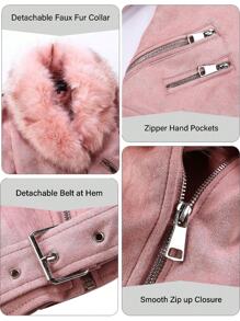 Women Faux Leather Suede Jacket Moto Biker Coat Sherpa-Lined Overcoat With Removable Belt
