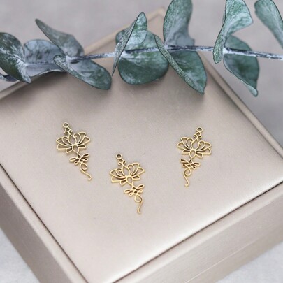 3pcs Stainless Steel Two Color Hollow Lotus Charms Plant Pendants For Jewelry Making DIY Handmade Craft