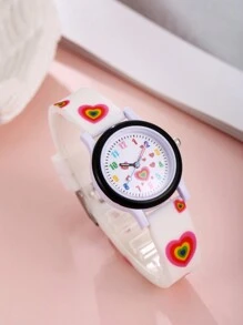 1pc Colorful Cartoon Heart Silicone Quartz Watch For Girls - White - View 4
