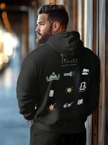 Plus Size Men's Drawstring Hooded Long Sleeve Pocket Printed Casual Sweatshirt - Black - View 1