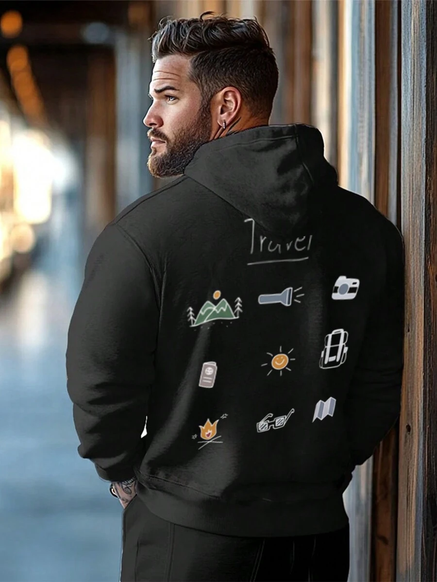 Plus Size Men's Drawstring Hooded Long Sleeve Pocket Printed Casual Sweatshirt - Black - View 1