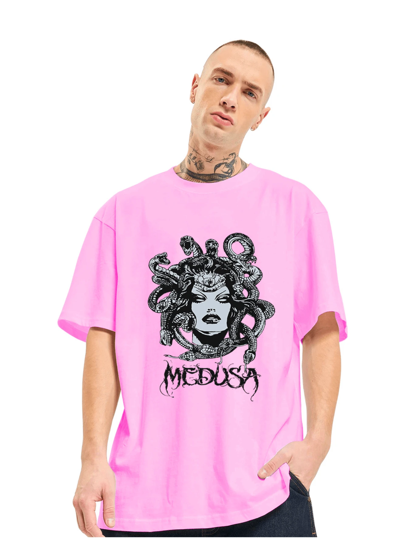 Medusa Streetwar Unisex Basic Cotton Oversized T-Shirt - 淺粉色 - 查看 1