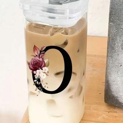 1 个，13.53 盎司 A-Z 花卉字母印花方形玻璃杯，简约耐热平底杯，适合办公室和家庭使用，方形牛奶咖啡杯，伴娘礼物，生日礼物