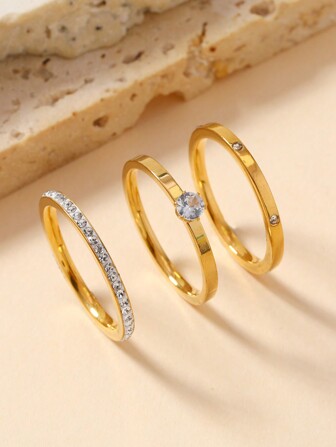 3 件套奢华优雅不锈钢钻石和方晶锆石戒指套装，适合女士日常佩戴和送礼