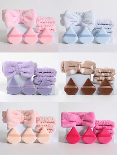 6 件套化妆/洗脸工具套装：1 个蝴蝶结头带、2 个腕带、3 个粉扑。由超柔软天鹅绒制成，用于塑形、眼部和眼角。化妆搅拌碗用于混合粉底。适合所有皮肤类型。