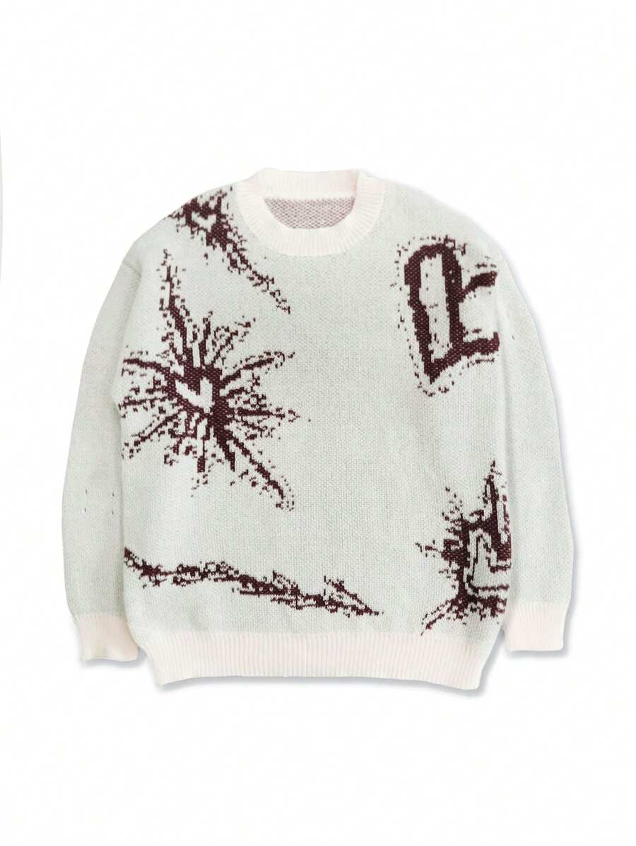 Men's Casual Graffiti Pattern Knit Pullover Sweater - Grey - View 1