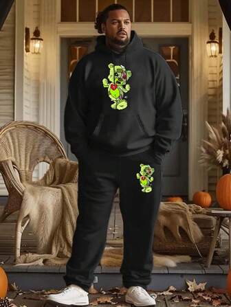 2pcs Thermal Lined Hoodie & Sweatpants Set, Men Autumn Winter 2025 New, Thick Warm Hooded Sweatshirt & Joggers, Plus Size Loose Fit Streetwear Printed Tracksuit