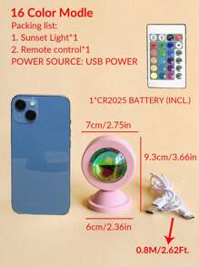 1pc 16 Color/Sunset Red Light Changeable USB Power Sunset Projection Light,With Remote/USB Power ,4 Modes Rgb Sunrise Sunset Lamp, Led Night Light Projector For Photography/Selfie Party,Home,Living Room, Bedroom,Camping,Wedding,Decor, Gifts For Women,Girls,Friends,Family