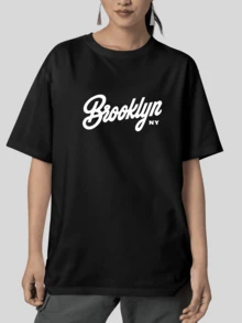 Oversized Streetwear T-Shirt With Brooklyn, NY Print 100% Cotton - 黑色 - 查看 2