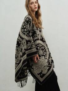 1 chiếc khăn choàng Poncho hở phía trước thời trang cổ điển, mùa thu/đông - màu đen - Xem 3
