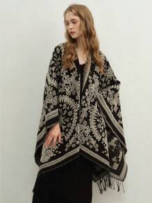 1 chiếc khăn choàng Poncho hở phía trước thời trang cổ điển, mùa thu/đông - màu đen - Xem 5