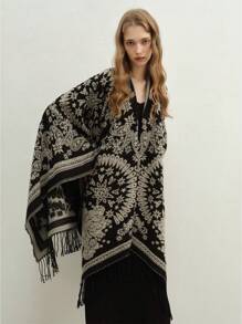 1 chiếc khăn choàng Poncho hở phía trước thời trang cổ điển, mùa thu/đông - màu đen - Xem 7