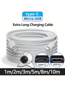 Multi-Length Extension Data Cable - Fast And Reliable TYPE-C/Micro USB Charging Solution For Camera And Mobile Phone - 1m/2m/3m/5m/8m/10m Options For Flexible Data Transfer And Charging - White - View 1