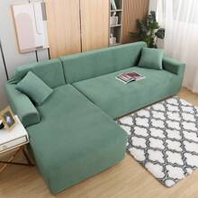 L Shape Sofa Cover 2 Piece Thick Velvet Stretch Plush Elastic Couch Slipcovers 3 + 3 Seaters Chaise Sectional Couch L-Shaped Sofa Furniture Protector For Living Room - 薄荷綠 - 查看 6