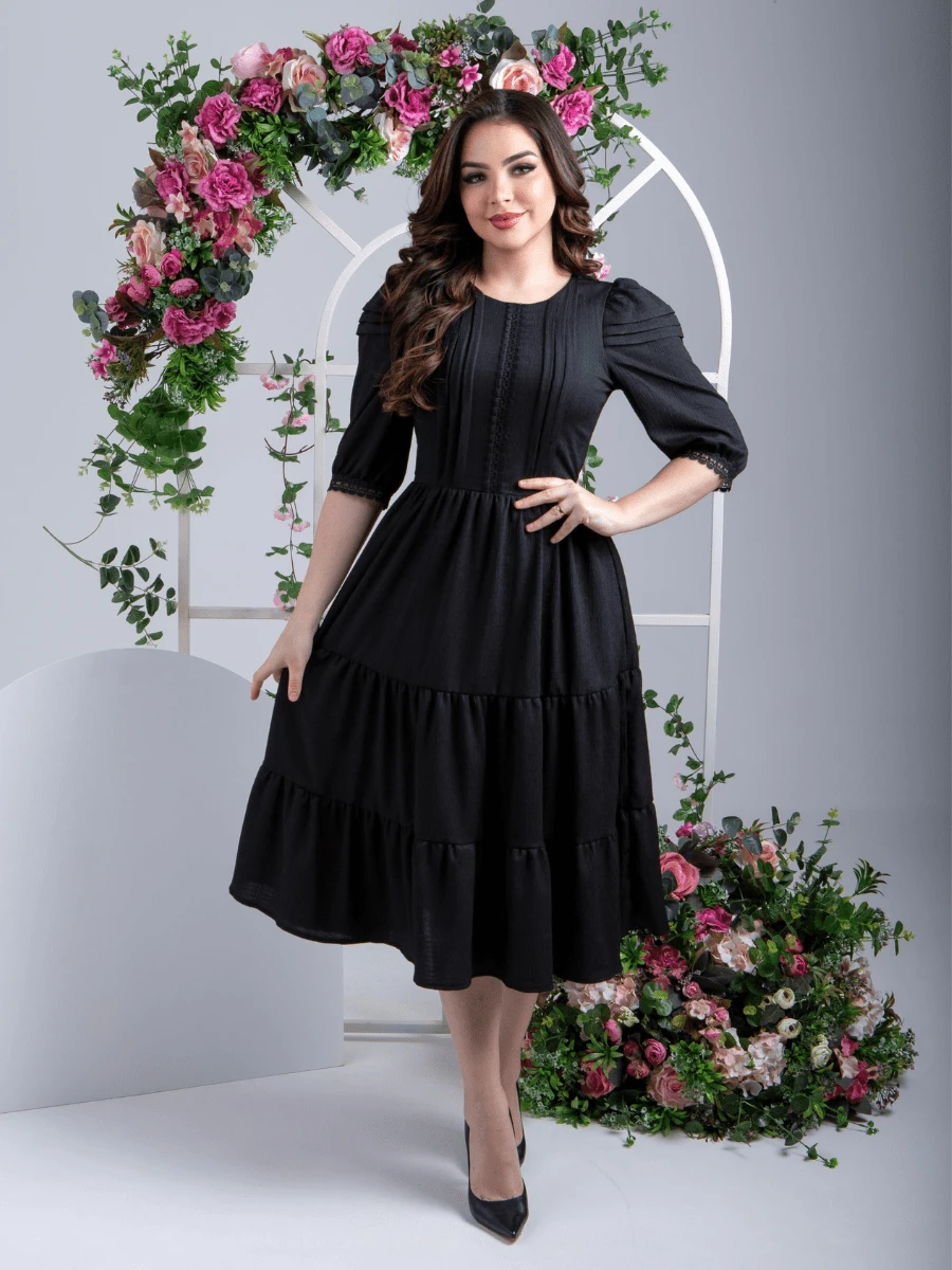 Elegant Women's Midi Dresses With Evangelical Sleeves For Party - 黑色 - 查看 1