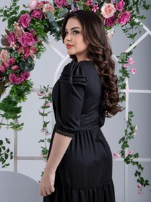 Elegant Women's Midi Dresses With Evangelical Sleeves For Party - 黑色 - 查看 2