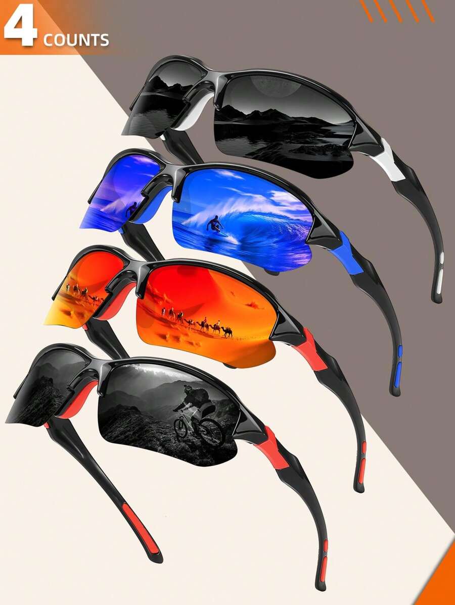 多副装环绕式方形运动骑行眼镜，男士户外驾驶、摩托车、跑步、沙滩配饰眼镜，夏季海滩度假、户外旅行必备 - 彩色 - 查看 1