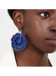 1 par de pendientes de aro con flor de denim hecha a mano exagerada, pendientes de aro con flor de rosa de estilo vintage para mujeres, regalo de moda diario/fiesta/cumpleaños para amigos - pendientes de rosa azul - Ver 9