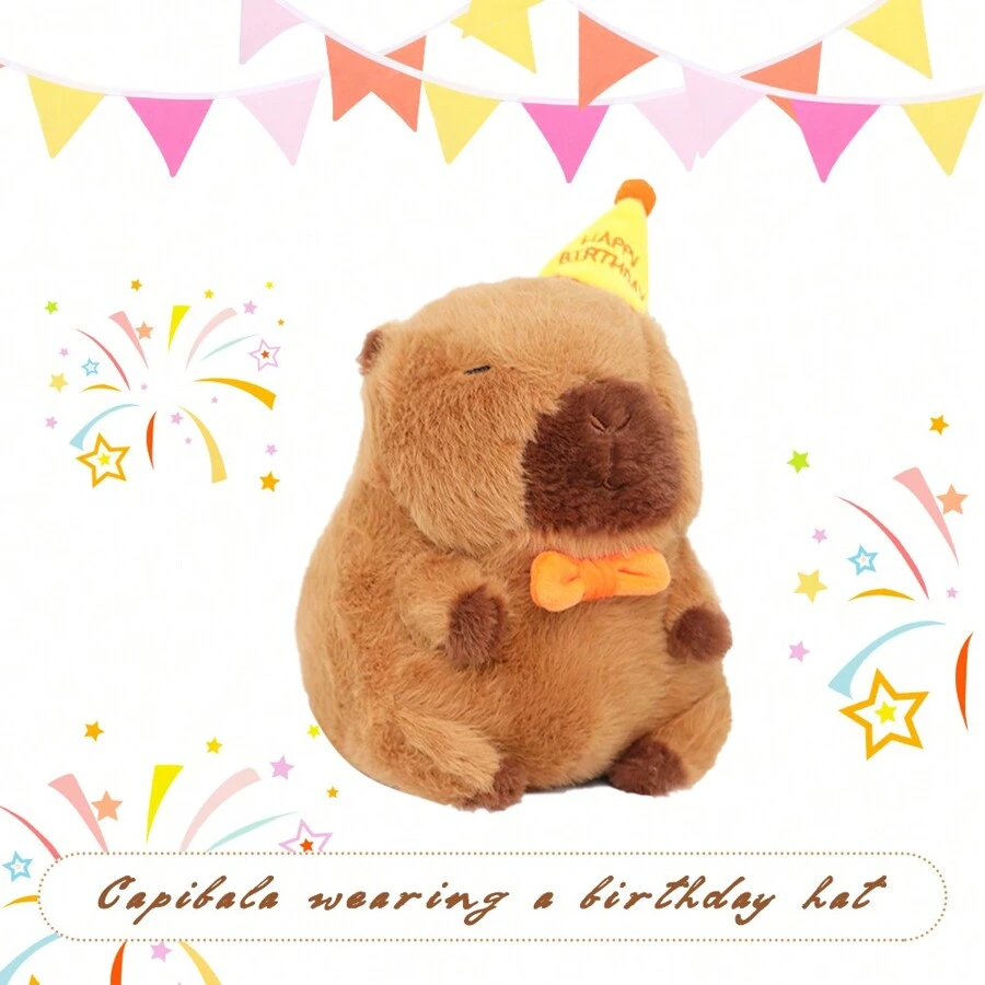1 件 Ditucu 可爱水豚毛绒玩具，带生日快乐帽蝴蝶结，可爱水豚填充动物玩具，适合儿童生日礼物派对装饰，棕色 9 英寸 - 駝色 - 查看 1