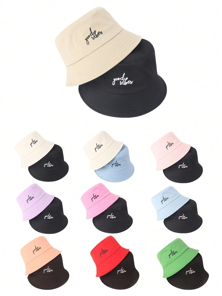 2入組女士簡約雙排英文字母刺繡漁夫帽，男女通用四季款，日常旅行戶外運動帽 - 雙排英文漁夫帽 - 查看 1