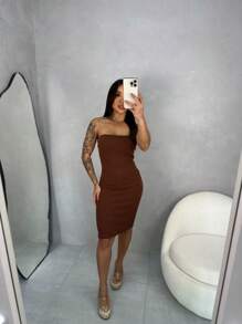 Women's Short Strapless Dress In Irregular Fabric Without Pads - 鏽棕色 - 查看 8
